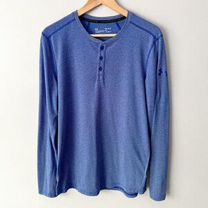 UA Men's Under Armour Henley Blue Long Sleeve Shirt Heatgear
